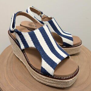 Women's Navy & Ivory Striped Corkys Freddie Wedge NWT Size 10